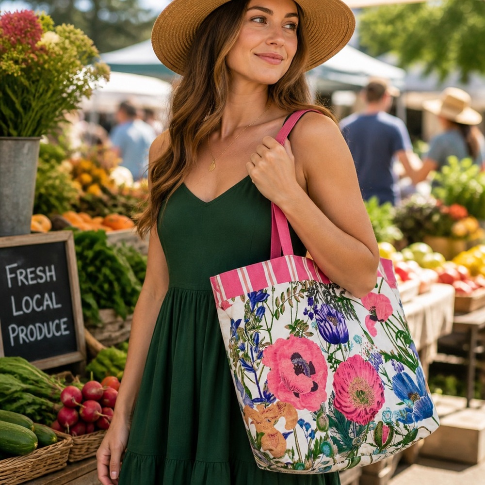 Estee Lauder floral pink and white canvas tote bag